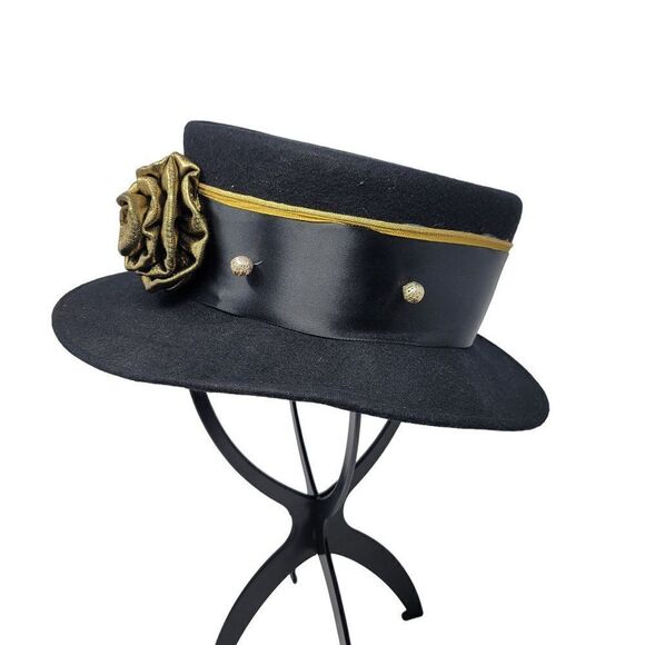 Vintage Steampunk 100% Wool Felt Top Hat Black Gold 3D Rosette USA Cosplay - Picture 6 of 7
